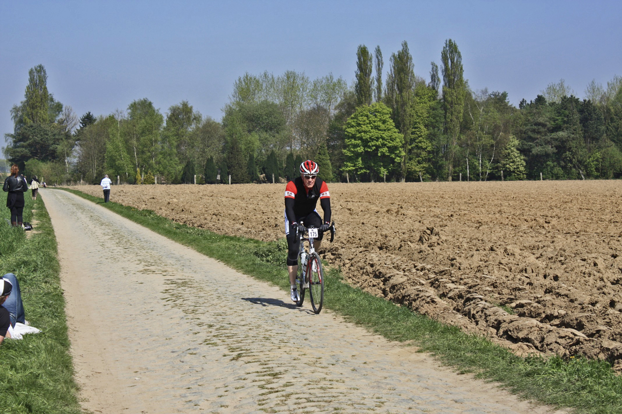 Randy at finish of cobbled "hell of the North" Challenge PR 2011